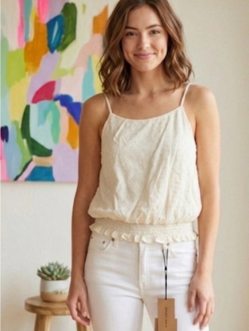 White Smocked Hem Spaghetti Strap Tank Top